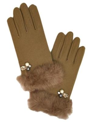 Ladies Taupe Pearl & Faux Fur Trimmed Gloves 
