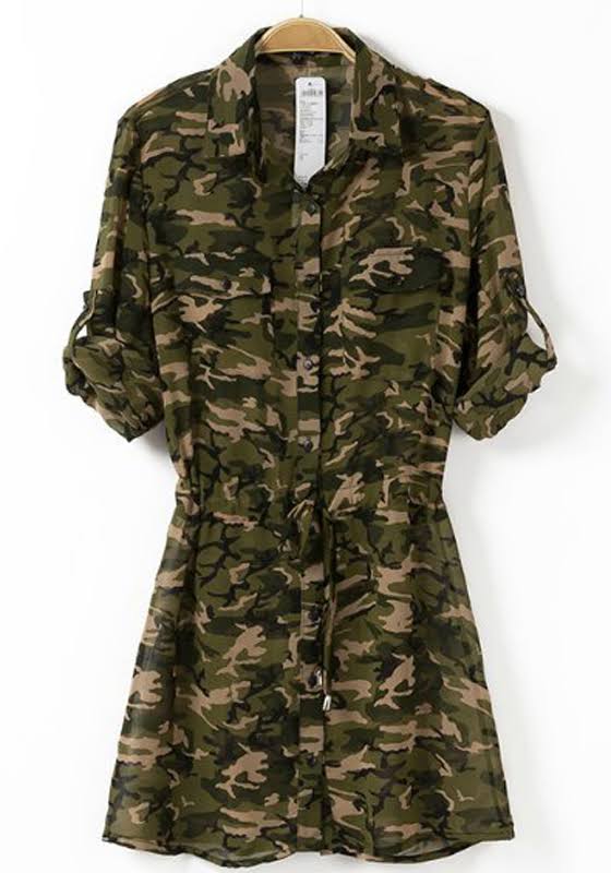 Camouflage Drawstring Single Breasted Turndown Collar Chiffon Dress, $12.99